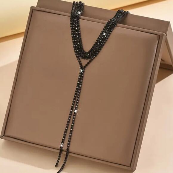 Black Crystal Y Lariat Choker Matching Earrings Rhinestone Necklace New Years - Picture 8 of 10